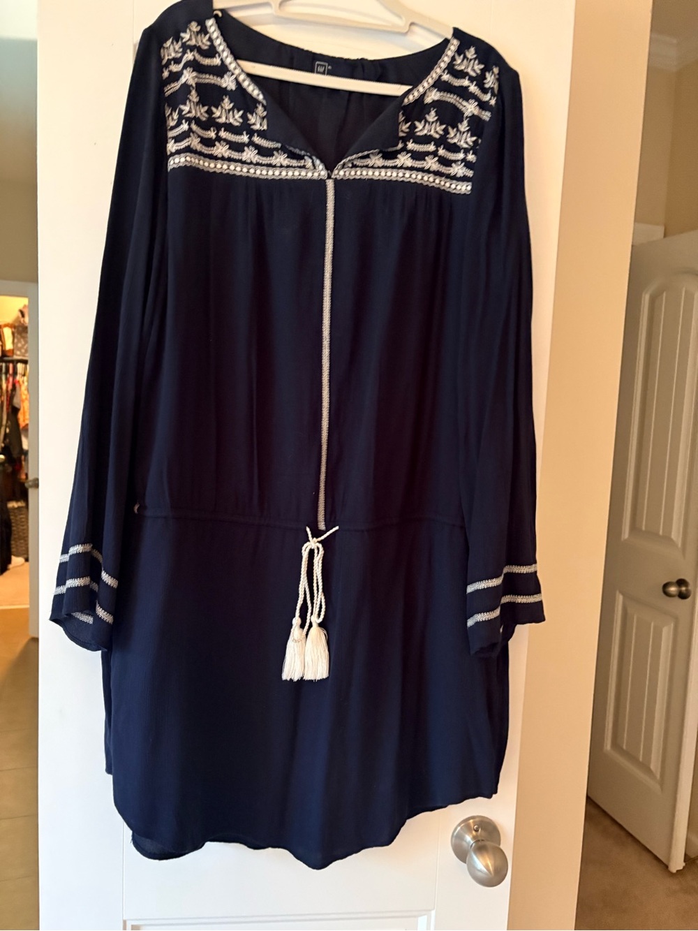 GAP Navy Cover-Up Tunic with White Embroidery and Tassels